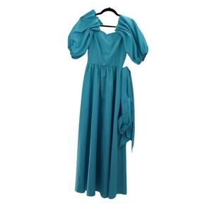 Vintage 1980s Teal Full Length Dress with Puff Sleeves